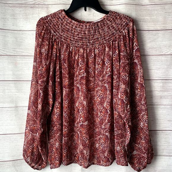Joe Fresh Pink Paisley Blouse Long Sleeves Round Shirring Neckline Size XL - Picture 1 of 13